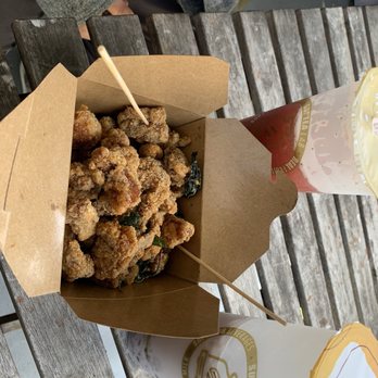 Suptea Lab - Popcorn chicken + strawberry potion + jasmine milk tea - Bubble Tea Near Me - Oakland, California