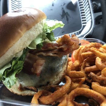 Patrick's Pub - Bacon cheeseburger with seasoned curly fries amazing!!! - Irish Pub Near Me - Pittsfield, Massachusetts