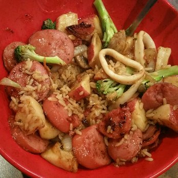 Genghis Grill - Sausage, calamari, broccoli, mushroom, onion, water chesnuts, potatoes and seasoned with garlic and honey soy - Mongolian Near Me - Rockwall, Texas