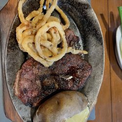 El Rancho Inn-Steak & Lobster House - Ribeye with potato and onion rings