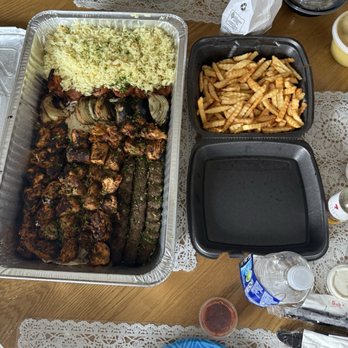 Alnabulsi Kitchen - Family Mix grill plate just with chicken and extra kufta skewers. Comes with rice, fries, vegetables, hummus, pita, and baba ghanoush - Mediterranean Near Me - Arlington, Texas Alnabulsi Kitchen - Family Mix grill plate just with chicken and extra kufta skewers. Comes with rice, fries, vegetables, hummus, pita, and baba ghanoush - Mediterranean Near Me - Arlington, Texas