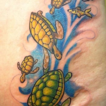 Atomic Tattoo - Burnet Rd - Turtle family swimming with dogfish, male turtles different color than the female. All different flippers angles & holding foot - Tattoo Near Me - Austin, Texas Atomic Tattoo - Burnet Rd - Turtle family swimming with dogfish, male turtles different color than the female. All different flippers angles & holding foot - Tattoo Near Me - Austin, Texas