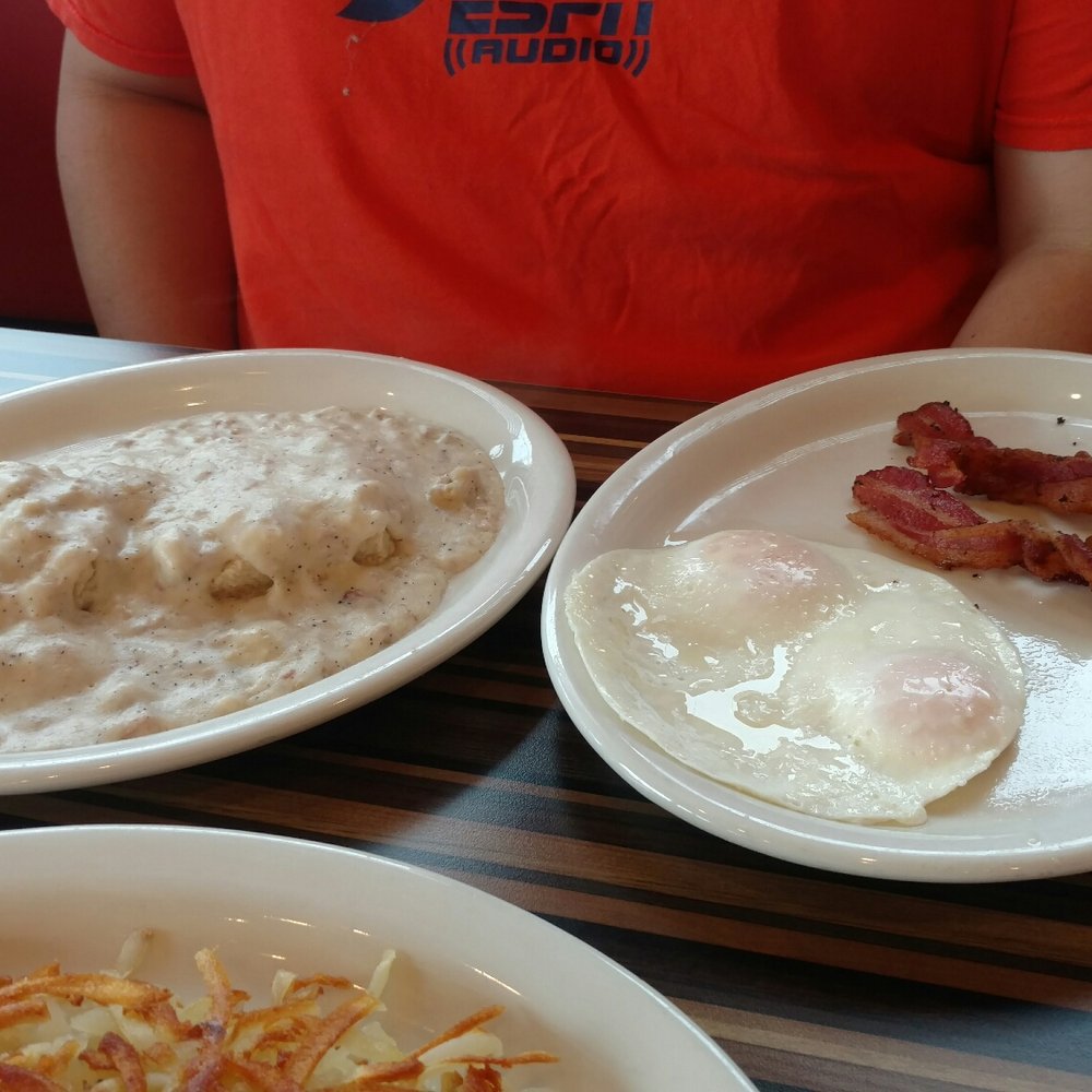 Tom's - Pasadena - Biscuits and gravy with eggs over medium and bacon - Burgers Near Me - Pasadena, California Tom's - Pasadena - Biscuits and gravy with eggs over medium and bacon - Burgers Near Me - Pasadena, California