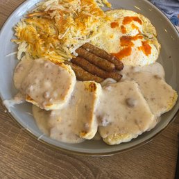 Biscuits and gravy sausage eggs and hash browns Biscuits and gravy sausage eggs and hash browns