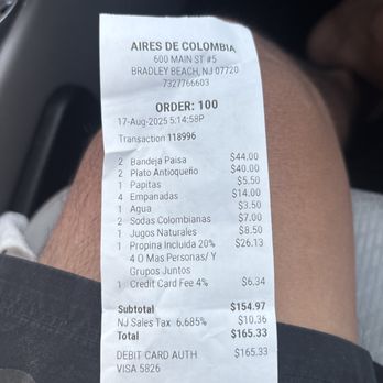 Aires De Colombia - Excesivo de tax por la propina y incluida para ese lugar no me gustó - Colombian Near Me - Bradley Beach, New Jersey Aires De Colombia - Excesivo de tax por la propina y incluida para ese lugar no me gustó - Colombian Near Me - Bradley Beach, New Jersey