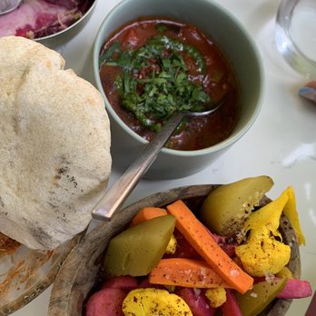 Abbalé - Roasted red pepper dip (cold dish - but tasty!), pickled veggies for dipping) - Mediterranean Near Me - Miami Beach, Florida Abbalé - Roasted red pepper dip (cold dish - but tasty!), pickled veggies for dipping) - Mediterranean Near Me - Miami Beach, Florida