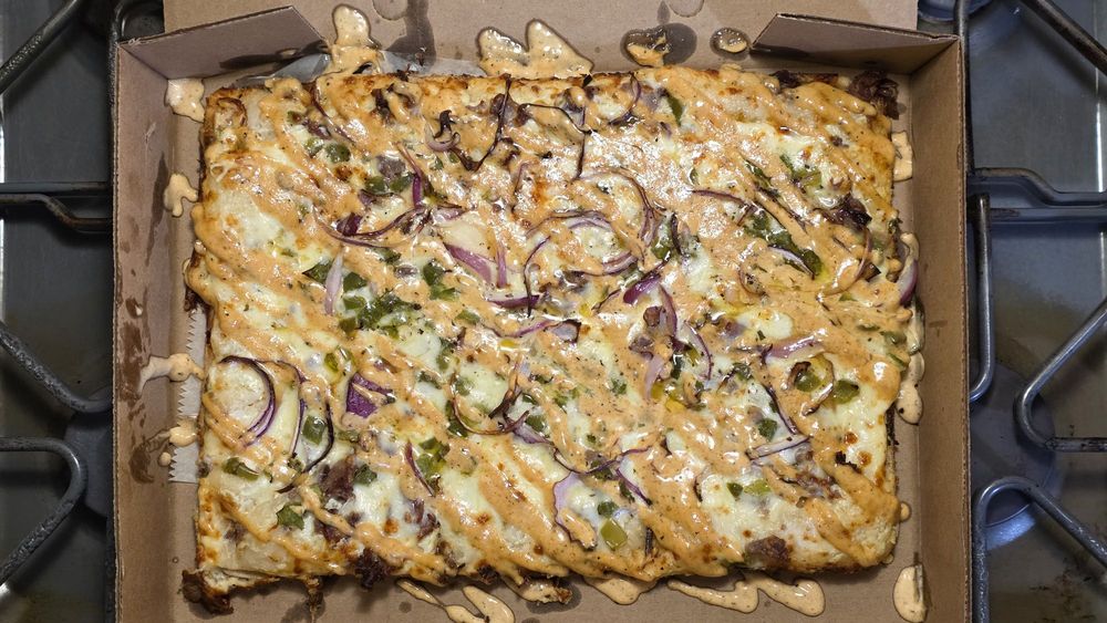 One Pie Pizza - QTR Sheet (6 slice) Steak Hoagie Pizza (Nov. 2025 Pizza of the Month) - food, pizza - Pizza Near Me - West Seneca, New York One Pie Pizza - QTR Sheet (6 slice) Steak Hoagie Pizza (Nov. 2025 Pizza of the Month) - food, pizza - Pizza Near Me - West Seneca, New York
