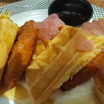 Cask & Larder - Chicken and Waffles with Onion Jam and a dollop of cream! Delish! - Southern Near Me - Orlando, Florida Cask & Larder - Chicken and Waffles with Onion Jam and a dollop of cream! Delish! - Southern Near Me - Orlando, Florida