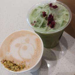 Pistachio honey latte and white cherry matcha