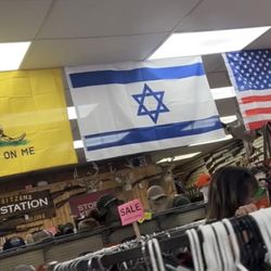Lauritzen's Bp & Sport Shop - Flag of Israel (a government that actively commits ethnic cleansing), don't tread on me flag, and sign saying "concealed carry purses".