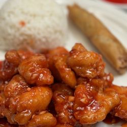 The Great Wall Restaurant - Delicious Orange Chicken lunch plate with steamed rice and egg roll