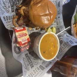 Western burger and chicken tortilla soup