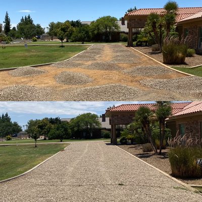 Gravel driveway - Customer had a dirt driveway out in Gilbert. He was tired of the dust that was being caused. So he opted to gravel the entire driveway. 2-days and 40 tons of 3/4” rock later. Gravel driveway - Customer had a dirt driveway out in Gilbert. He was tired of the dust that was being caused. So he opted to gravel the entire driveway. 2-days and 40 tons of 3/4” rock later.