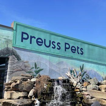 Preuss Pets - The image shows the exterior of Preuss Pets, a pet store, with a large painted mural depicting natural landscape elements. A water feature with rocks and a small waterfall is visible in front of the mural. The store's name, 'Preuss Pets,' is prominently displayed on the building facade against a clear blue sky. - Aquarium Services Near Me - Lansing, Michigan