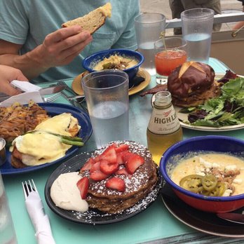 Short Stack Eatery - Sweet short stack with a small bowl of the pulled pork and cheesy grits - Breakfast & Brunch Near Me - Madison, Wisconsin
