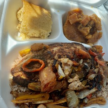 Gee's Caribbean Style - Jerk salmon rice n pea cornbread and yams - Caribbean Near Me - Cincinnati, Ohio