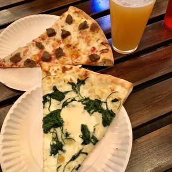 Home Slice Pizza - Slice of White Pie With Spinach ($4.25) and Meatball with Onion ($4.25) - Pizza Near Me - Austin, Texas Home Slice Pizza - Slice of White Pie With Spinach ($4.25) and Meatball with Onion ($4.25) - Pizza Near Me - Austin, Texas