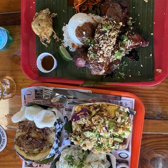 Fikscue Craft BBQ - Top: Iga Saos Kacang Bottom: beef brisket sandwich, Rujak Slaw, and potato salad - Barbeque Near Me - Alameda, California