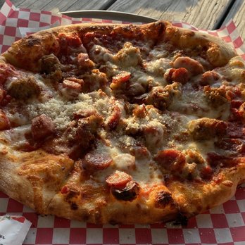 Neighbors Brew & Pies - Sausage Pie - tomato, mozzarella, Conecuh sausage, Italian sausage - Pubs Near Me - Leeds, Alabama