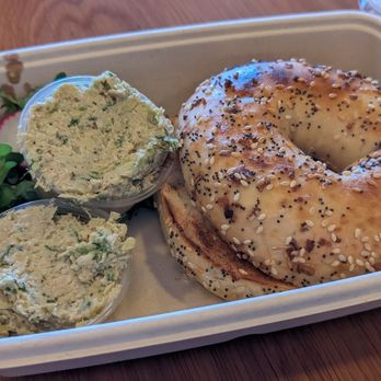 Frontier Café - Toasted everything bagel with vegan artichoke cashew "cream cheese" spread - Coffee & Tea Near Me - Yucca Valley, California Frontier Café - Toasted everything bagel with vegan artichoke cashew "cream cheese" spread - Coffee & Tea Near Me - Yucca Valley, California