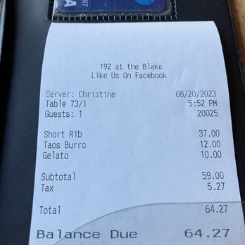 192 At The Blake - a receipt for a credit card - Wine Bars Near Me - Taos Ski Valley, New Mexico 192 At The Blake - a receipt for a credit card - Wine Bars Near Me - Taos Ski Valley, New Mexico