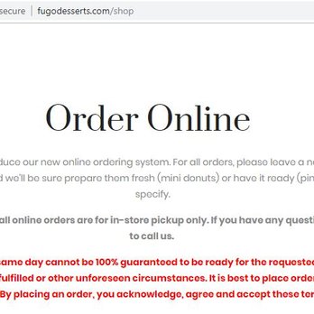 Fugo Desserts - After my review they have added the red line on their website as they are probably consistently not fulfilling orders on a timely basis. - Desserts Near Me - Toronto, Ontario Fugo Desserts - After my review they have added the red line on their website as they are probably consistently not fulfilling orders on a timely basis. - Desserts Near Me - Toronto, Ontario