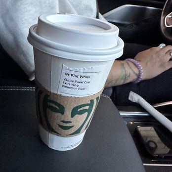 Starbucks - Hot flat white made with vanilla sweet cream instead of milk..extra whip and cinnamon - Coffee & Tea Near Me - Redlands, California