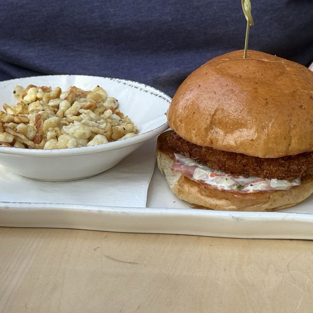 Von Trapp Brewing Bierhall Restaurant - Chicken sandwich and spazle side - Austrian Near Me - Stowe, Vermont