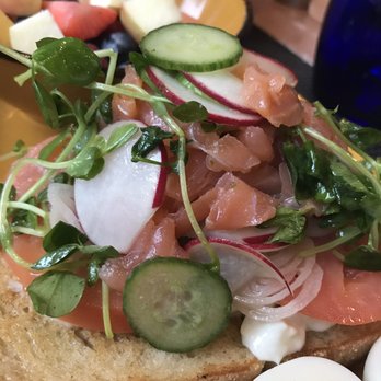 Plateia - Cured Salmon - whipped burrada, pickled cucumber & radish, pea sprouts, shallot vinaigrette all atop of toasted artisanal bread - Mediterranean Near Me - Los Angeles, California