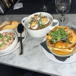 Salmon Tartare, Deviled Eggs, French Onion Soup Salmon Tartare, Deviled Eggs, French Onion Soup