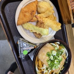 Assortment of tempura, Kitsune udon, rice ball Assortment of tempura, Kitsune udon, rice ball
