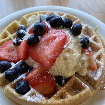 Penny Ann's Cafe - Waffle with fresh strawberries and blueberries and a lot of fresh whipped cream - Breakfast & Brunch Near Me - Draper, Utah Penny Ann's Cafe - Waffle with fresh strawberries and blueberries and a lot of fresh whipped cream - Breakfast & Brunch Near Me - Draper, Utah