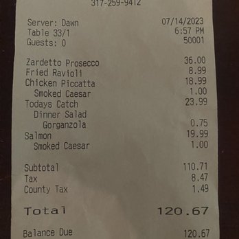 Mama Carolla's - The receipt. I still can't believe that the three of us ate full meals with salads, and a bottle of Prosecco for $120. - Italian Near Me - Indianapolis, Indiana Mama Carolla's - The receipt. I still can't believe that the three of us ate full meals with salads, and a bottle of Prosecco for $120. - Italian Near Me - Indianapolis, Indiana