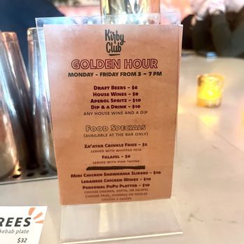 Kirby Club - golden happy hour menu - Mediterranean Near Me - Fairfax, Virginia Kirby Club - golden happy hour menu - Mediterranean Near Me - Fairfax, Virginia