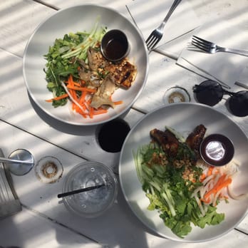 Vui's Kitchen - Two bun bowls; one vegetarian with mushroom and the other with lemongrass pork - Vegan Near Me - Nashville, Tennessee