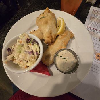 Hell's Kitchen - Walleye fish and chips with the zesty Cole slaw. - New American Near Me - Minneapolis, Minnesota