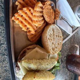 Fried pickle burger with elk patty.