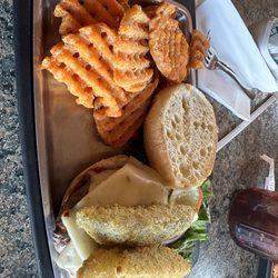 Post Creek Steak & Tap House - Fried pickle burger with elk patty.