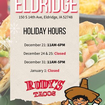 Rudy's Tacos - Rudy's Tacos in Eldridge, 2025 seasonal hour changes. - Mexican Near Me - Eldridge, Iowa Rudy's Tacos - Rudy's Tacos in Eldridge, 2025 seasonal hour changes. - Mexican Near Me - Eldridge, Iowa