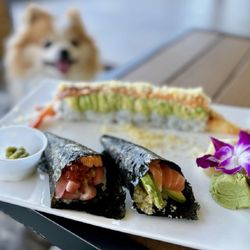 MJ Menlo Park - Hand Rolls: Deluxe w/ uni, o-toro, ikura, shiso leaf, fresh wasabi ($10.99) + Salmon & Avocado ($5.99)