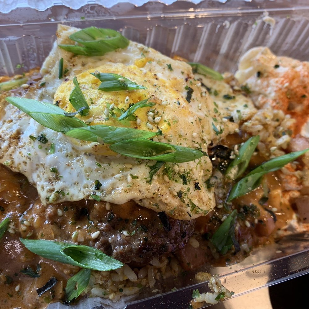 Shootz - Loco moco, fried egg, mac salad and spam fried rice. - Hawaiian Near Me - Stanton, California Shootz - Loco moco, fried egg, mac salad and spam fried rice. - Hawaiian Near Me - Stanton, California