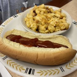 The Rock - Hot dog with mac and cheese.