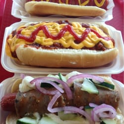 Three amazing Nathan's Hot Dogs: Regular, Chili Cheese Dog, and a Gyro Dog. Too much great food!