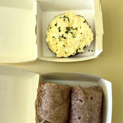 Japanese egg salad toast (top) and light & bright breakfast burrito (bottom)