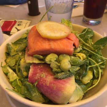Sunflower Caffe - Salmon salad with little gem greens, fava beans, sugar peas and asparagus.  Unbelievably delicious. - Coffee & Tea Near Me - Sonoma, California