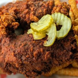 Ricky’s Hot Chicken - Atomic legs/thighs with toast and fries