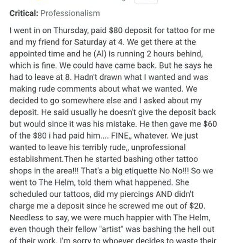 Aces Ft O Tattoo Company - I left this review and the owner deleted it the same day. Highly unprofessional and he has the WORST attitude. - Tattoo Near Me - Fort Oglethorpe, Georgia Aces Ft O Tattoo Company - I left this review and the owner deleted it the same day. Highly unprofessional and he has the WORST attitude. - Tattoo Near Me - Fort Oglethorpe, Georgia