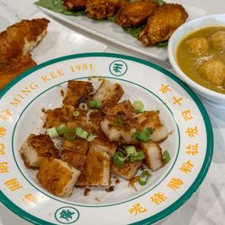 Mingkee Deli - Turnip Cake with XO sauce, deep fried chicken wings, curry fish ball, sweet Chinese donut @lesminaddio