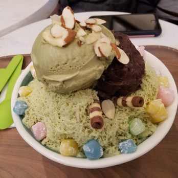 Cafe Auburndale - Matcha Bingsoo with mochi, ice cream, and a scoopful of red bean! - Coffee & Tea Near Me - Flushing, New York Cafe Auburndale - Matcha Bingsoo with mochi, ice cream, and a scoopful of red bean! - Coffee & Tea Near Me - Flushing, New York
