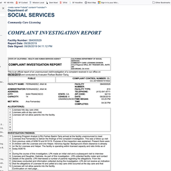 Ana's Day Care - DDS 2019 complaint investigation report - Child Care & Day Care Near Me - San Francisco, California